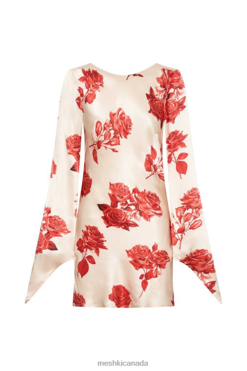 Meshki Rose Print Davina Satin Long Sleeve Mini Dress Clothing JN88N258