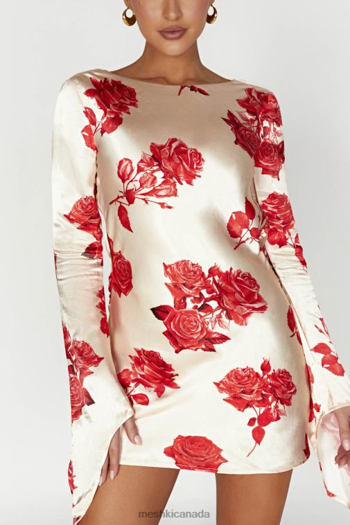 Meshki Rose Print Davina Satin Long Sleeve Mini Dress Clothing JN88N258