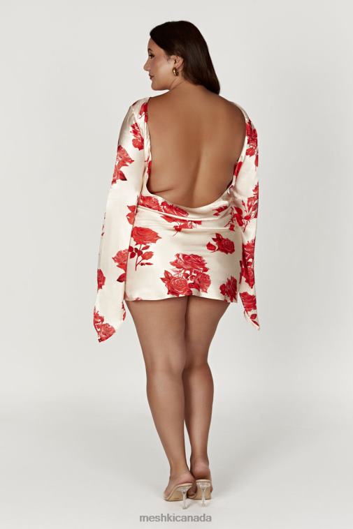 Meshki Rose Print Davina Satin Long Sleeve Mini Dress Clothing JN88N258