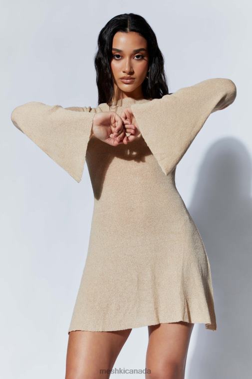 Meshki Wheat Zahra Long Sleeve Open Back Mini Knit Dress Clothing JN88N106
