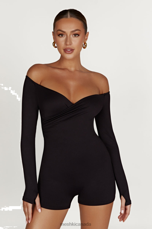 Meshki Black Aisling Recycled Nylon Off Shoulder Playsuit Clothing JN88N1390