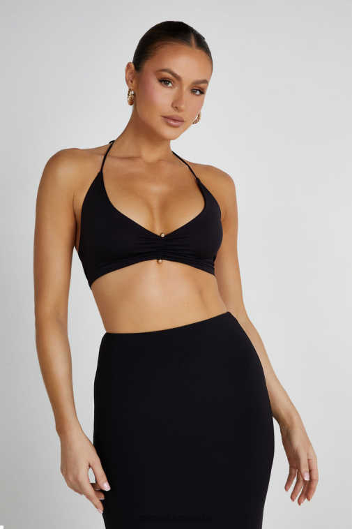 Meshki Black Kasia Recycled Nylon Pin Detail Wrap Top Clothing JN88N832