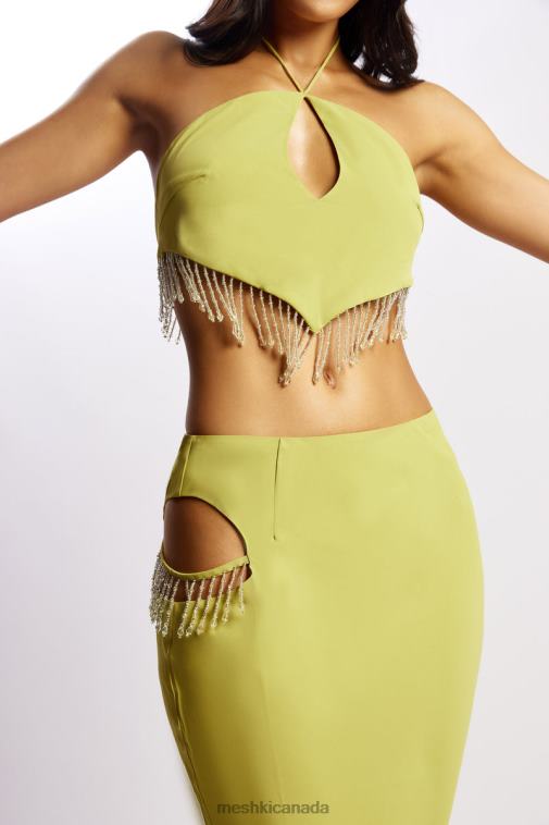 Meshki Chartreuse Jayleen Keyhole Triangle Halter Top With Fringe Clothing JN88N1135