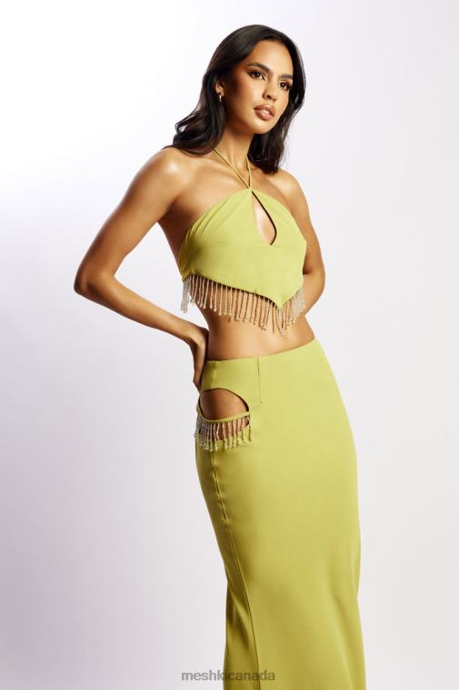Meshki Chartreuse Jayleen Keyhole Triangle Halter Top With Fringe Clothing JN88N1135