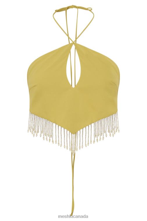 Meshki Chartreuse Jayleen Keyhole Triangle Halter Top With Fringe Clothing JN88N1135