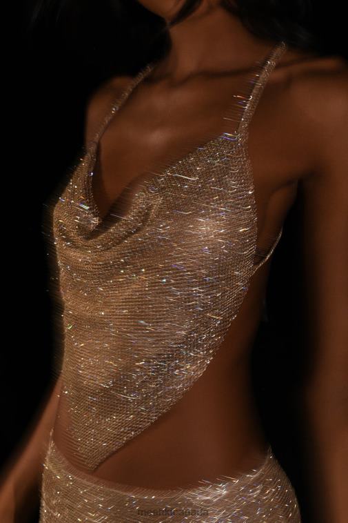 Meshki Gold Daphne Diamante Cowl Neck Halter Top Clothing JN88N785