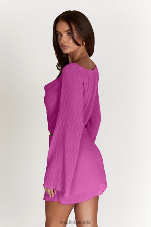 Meshki Rose Pink Ivy Wave Pleat Flare Sleeve Top Clothing JN88N1078