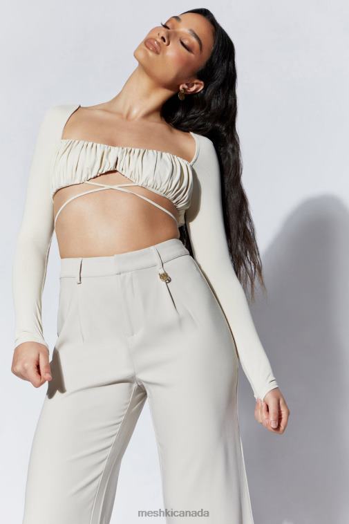 Meshki Wheat Geesou Ruched Bust Long Sleeve Tie Top Clothing JN88N1082