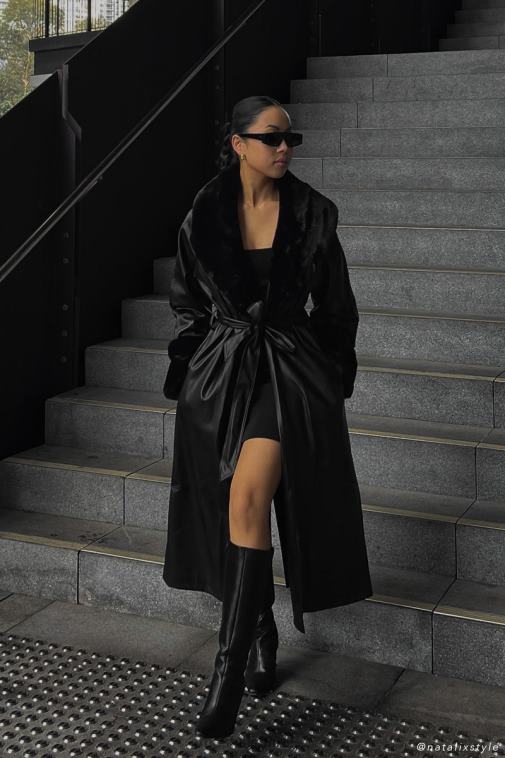 Meshki Black Rebekah Oversized Pu Trench Coat With Fur Trim Clothing JN88N1647