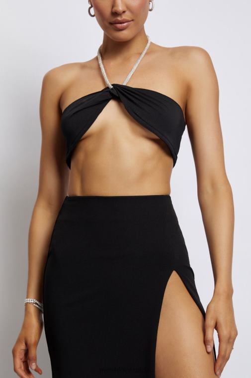 Meshki Black Lea Diamante Chain Halter Neck Crop Top Clothing JN88N1132