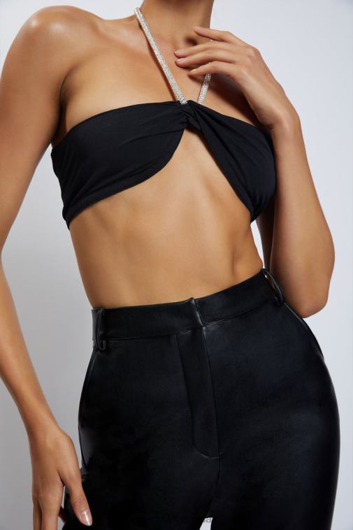 Meshki Black Lea Diamante Chain Halter Neck Crop Top Clothing JN88N1132