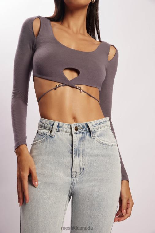 Meshki Charcoal Jessie Long Sleeve Cut Out Crop Top Clothing JN88N1134