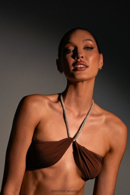 Meshki Chocolate Lea Diamante Chain Halter Neck Crop Top Clothing JN88N1117