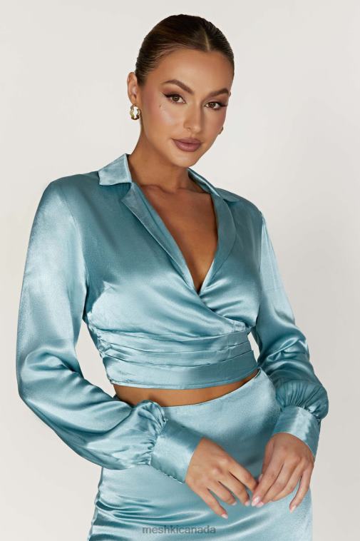 Meshki Powder Blue Amia Satin Wrap Shirt Clothing JN88N1037